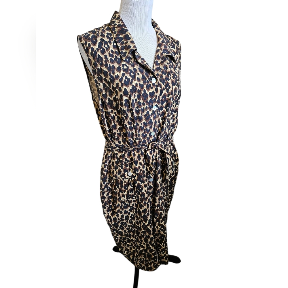 Halston 100% Silk Leapord Print Shirt Dress Womens Size 16